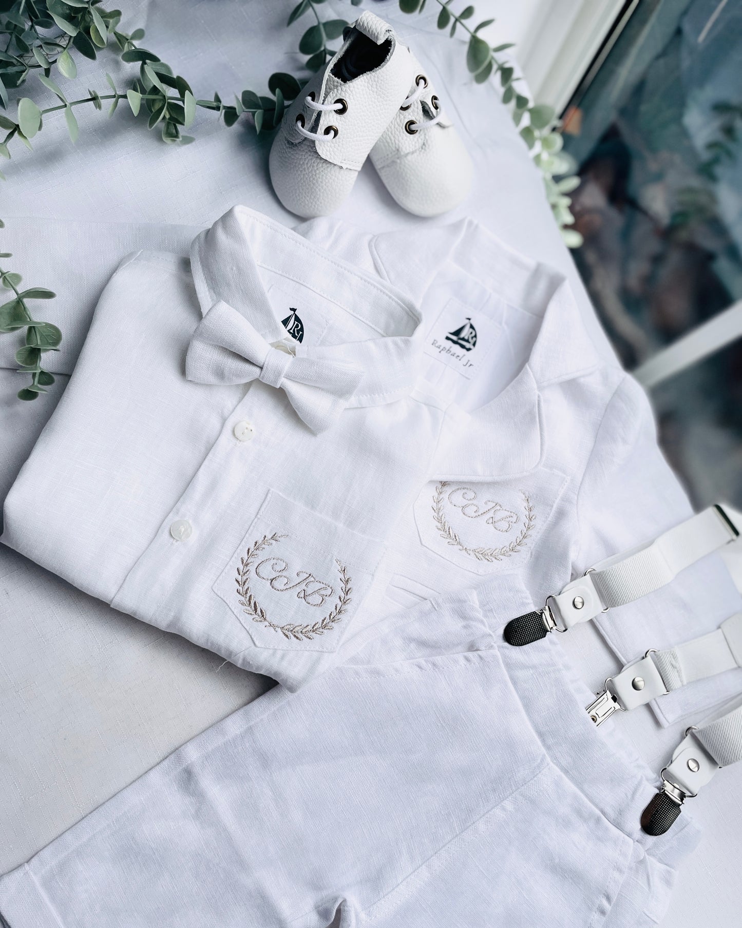 White linen Baptism suit set with pants, shirt, suspenders and bowtie plus optional extras