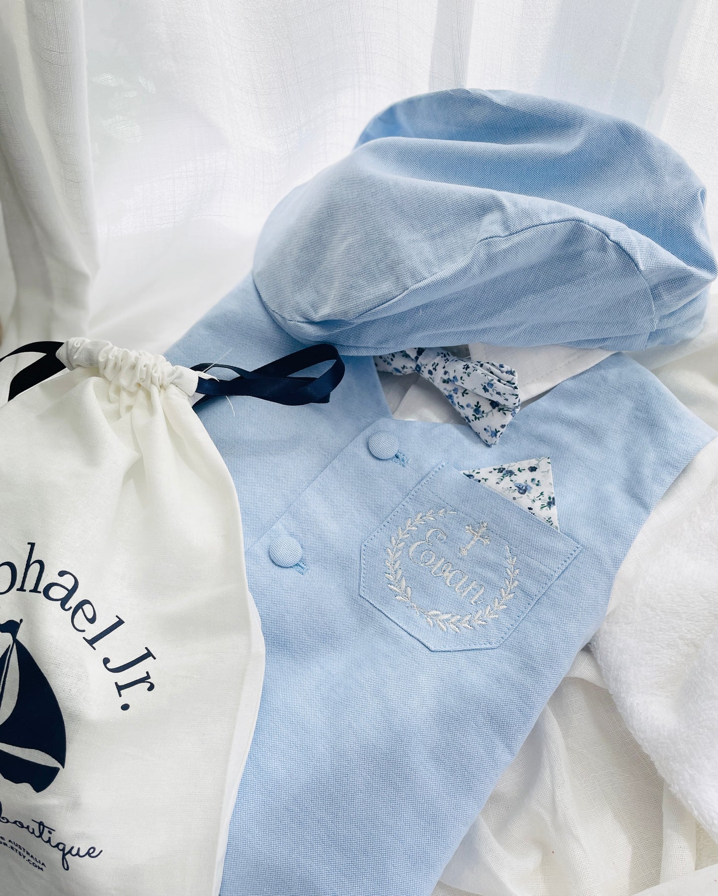 Baby and Toddler Boys pale blue and beige linen summer set with vest, shirt, shorts, suspenders and bowtie