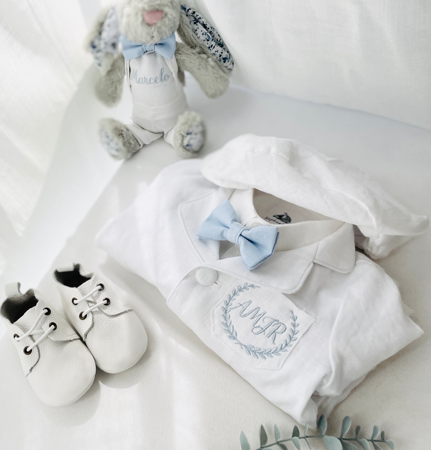White linen Baptism suit set with pants, shirt, suspenders and bowtie plus optional extras