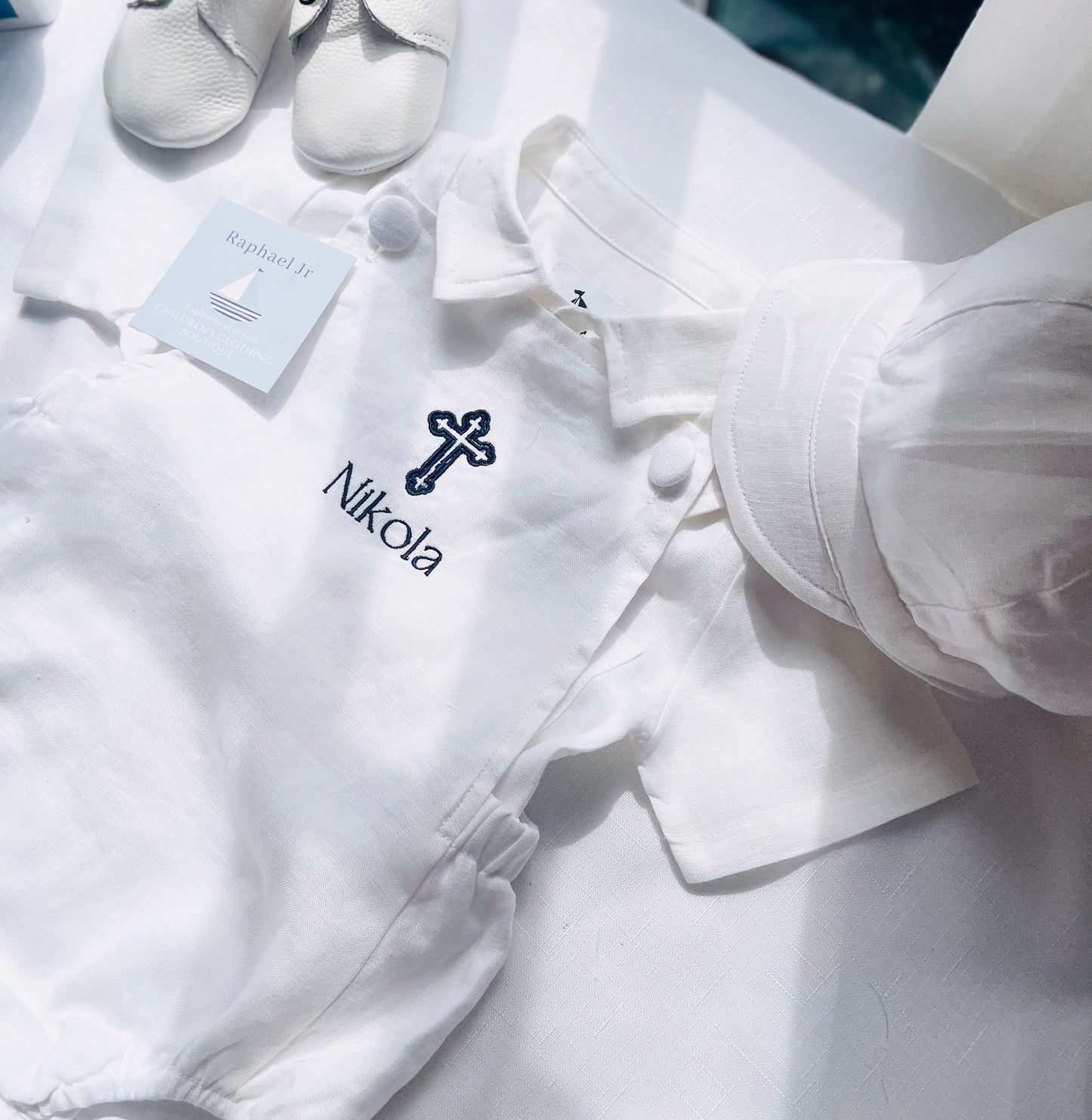 White linen Baptism romper overalls and linen shirt set