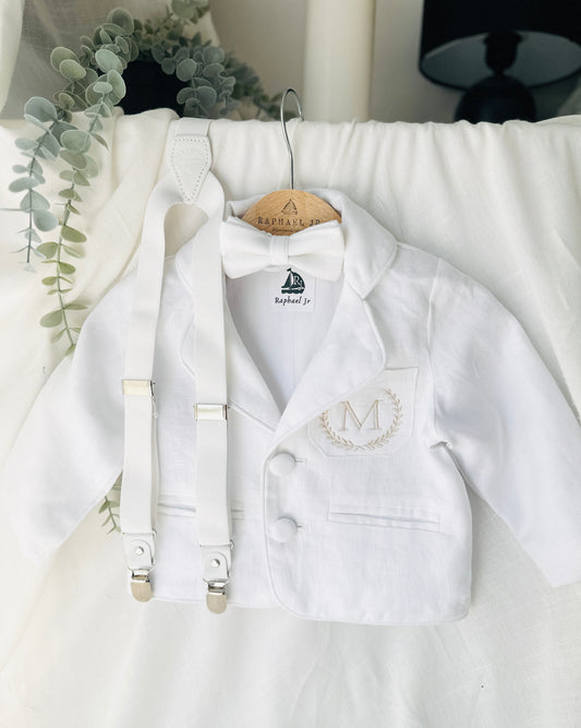 Boys White linen Baptism blazer jacket with optional embroidery