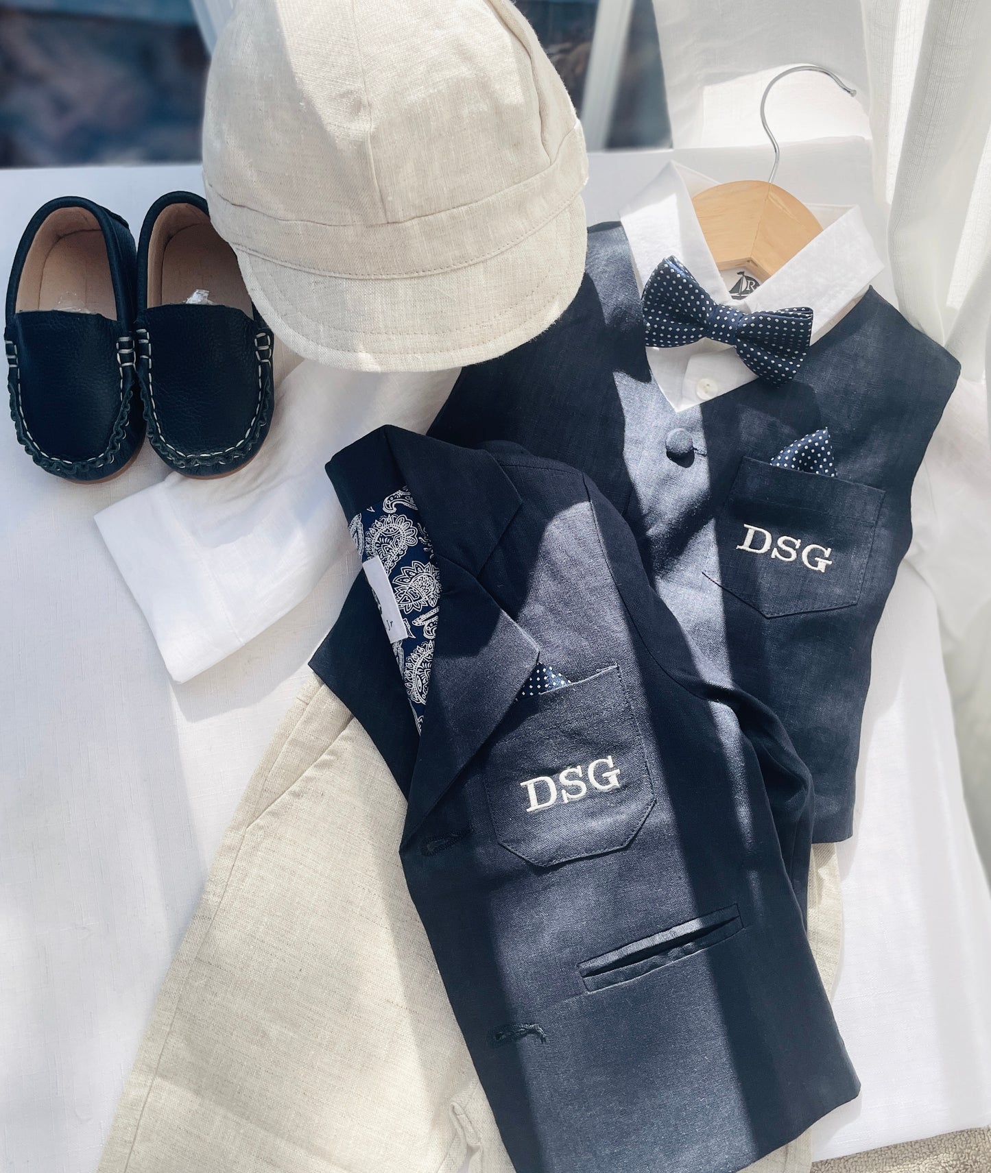 Navy blue linen suit with vest, pants, shirt, suspenders and bow tie plus optional jacket, embroidery, shoes and cap