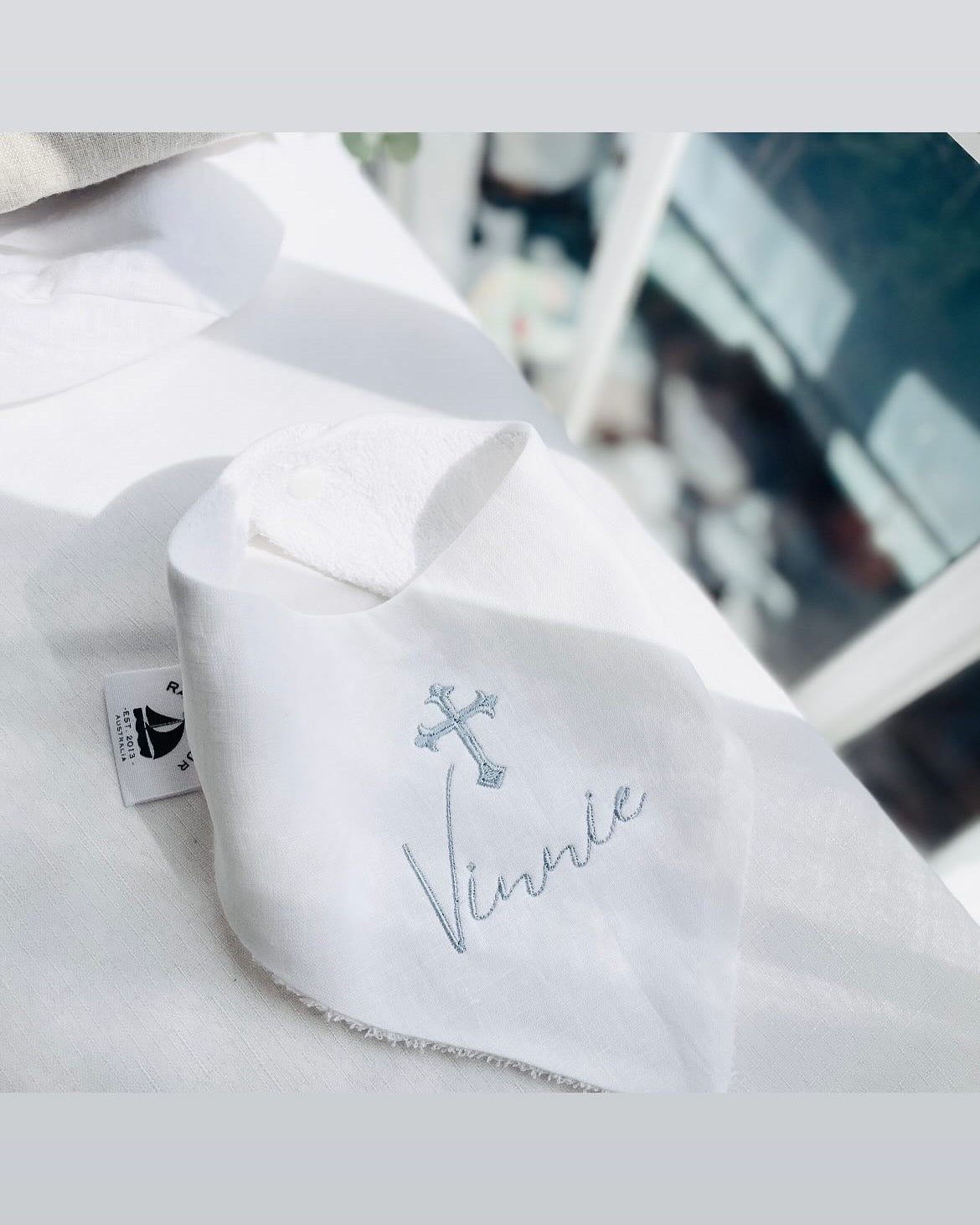 White linen baby dribble bandana baptism Christening bib with optional cross or custom embroidery
