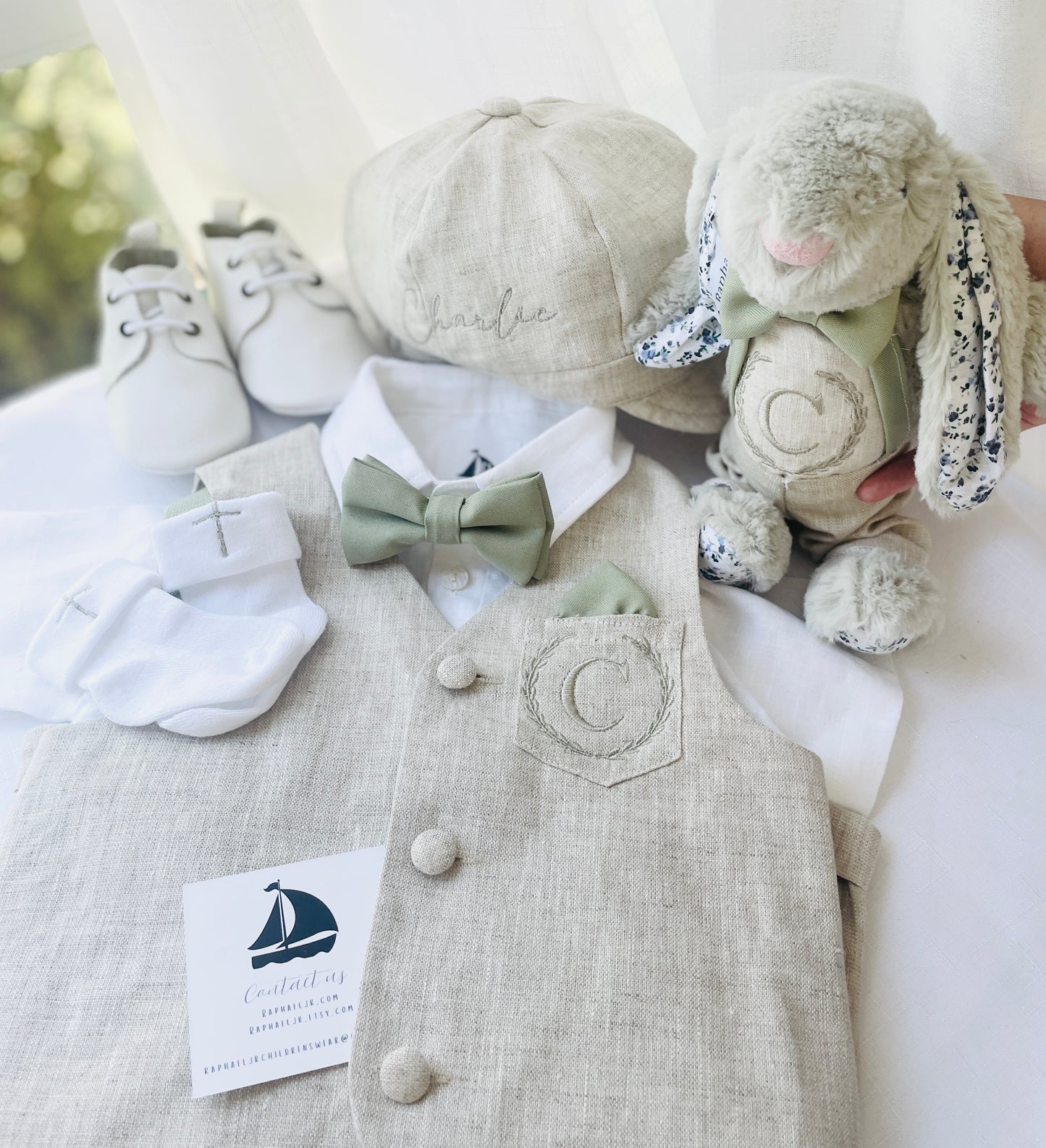 Beige linen set with vest, shirt, pants, suspenders and bowtie plus optional jacket, cap and shoes