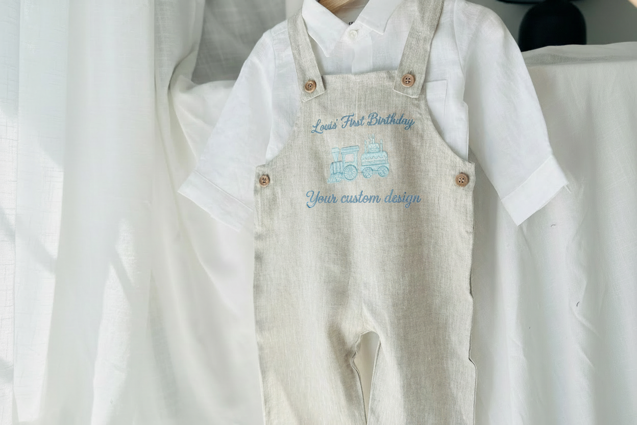 Boys Beige Linen Birthday overalls romper dungarees safari balloon fast car wild sea themes