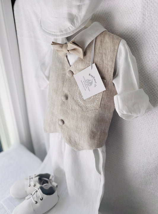 White and Beige Linen set with vest, shirt, pants, suspenders and bowtie plus optional jacket, cap and shoes