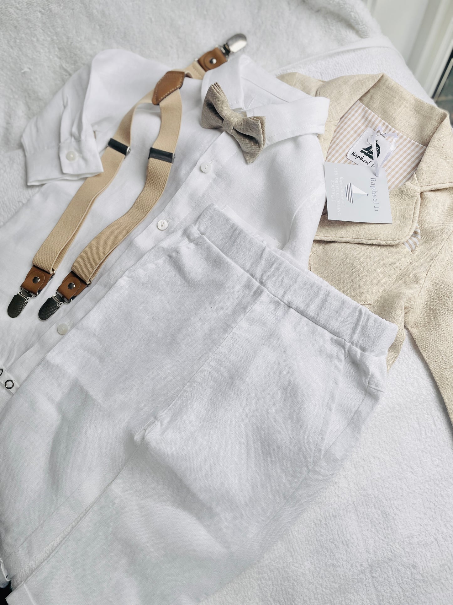 White and Beige Linen Set with optional Jacket Accessories and Embroidery Available