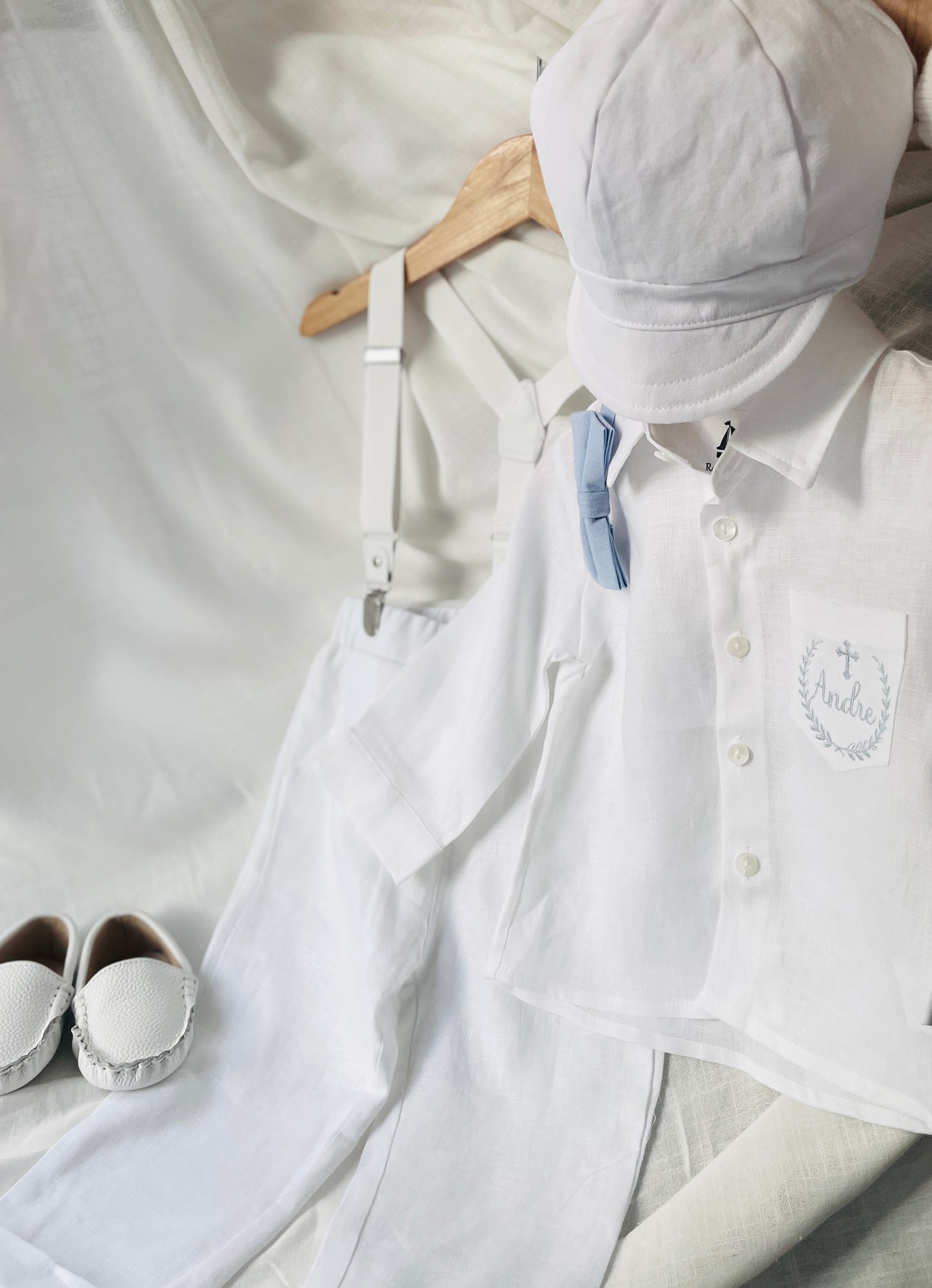 White linen Baptism Suit set with Accessories and optional Embroidery