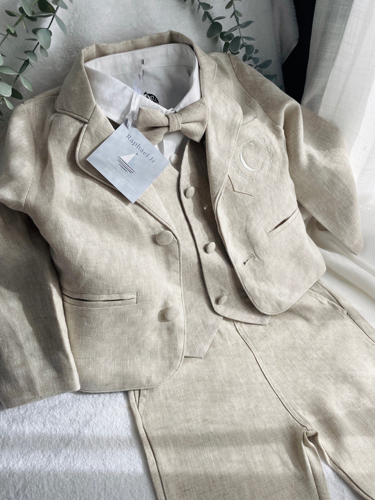 Beige linen set with vest, shirt, pants, suspenders and bowtie plus optional jacket, cap and shoes