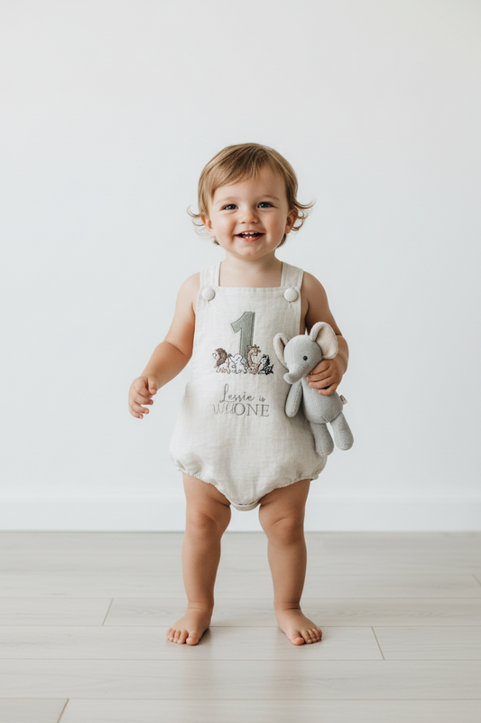 Boys Beige Linen First Birthday romper overalls wild one safari