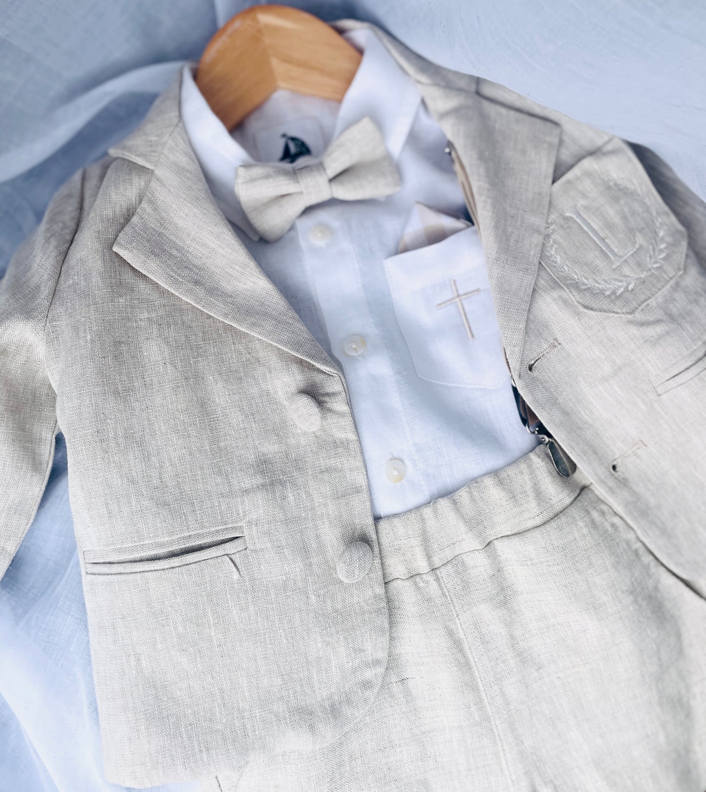 Beige linen baby and toddler boys formal baptism or wedding suit with accessories and optional personalisation