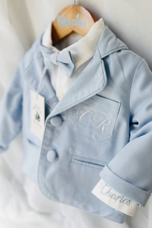 Boys Pale Blue chambray Jacket and White Linen Baptism Outfit
