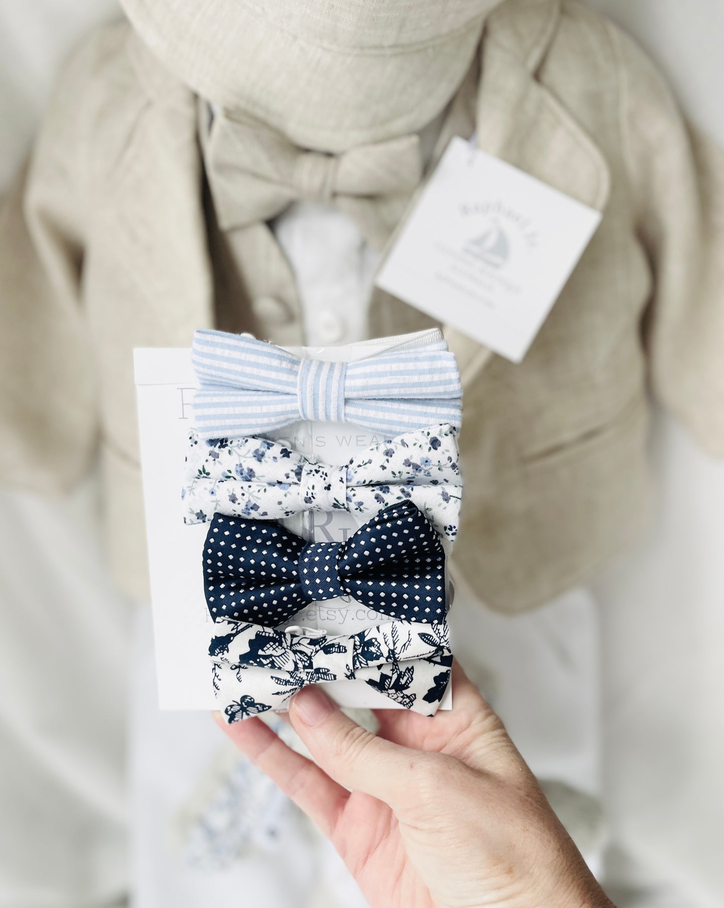 Beige linen pants and shirt set with bowtie and suspenders and optional personalisation