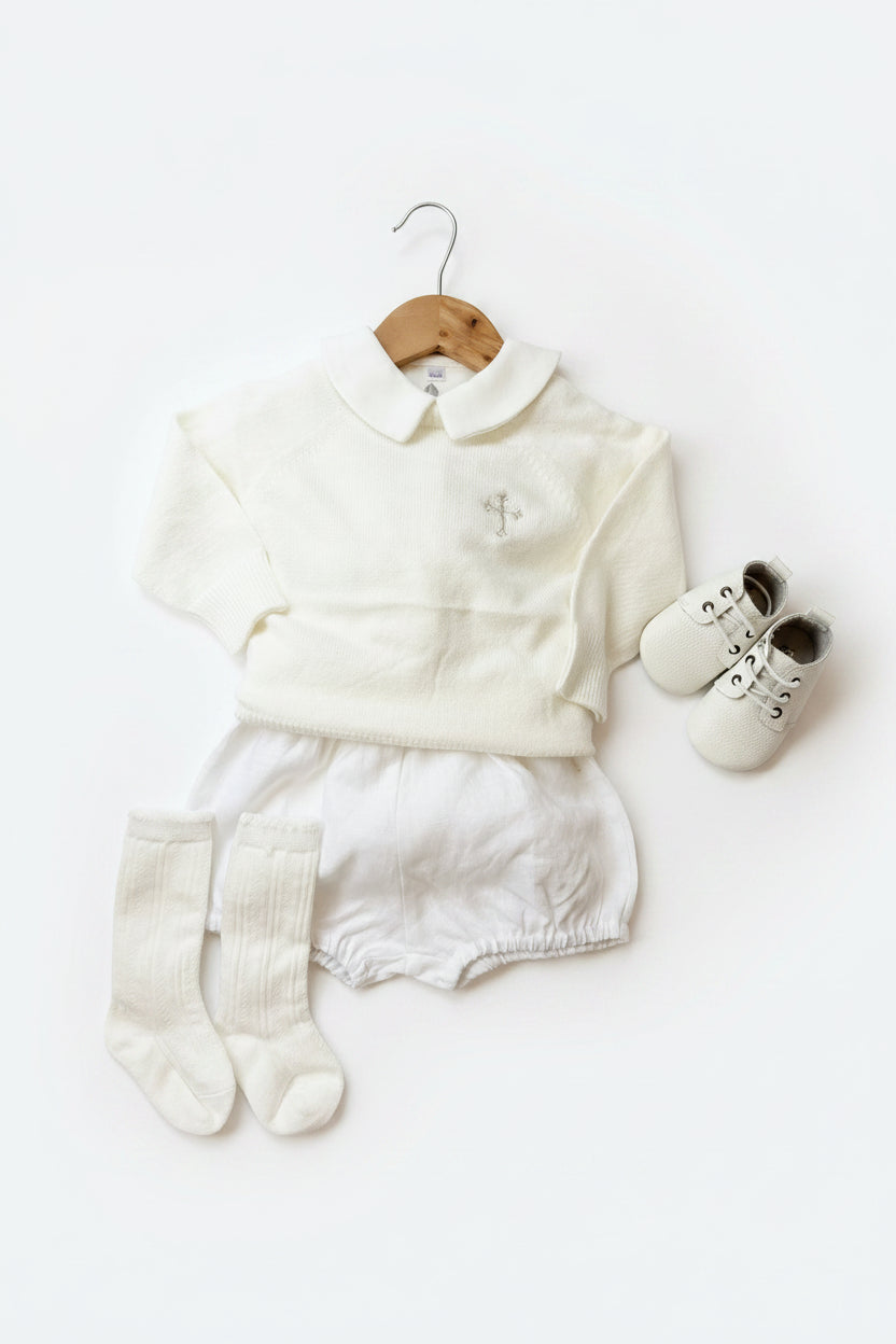 Baptism outfit with cotton onesie and cardigan or jumper and beige linen bloomers and white socks