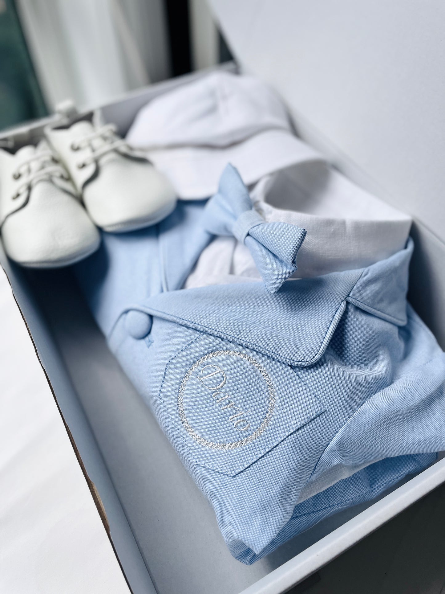 White and blue linen Baptism or Wedding Suit with Accessories and Embroidery Available