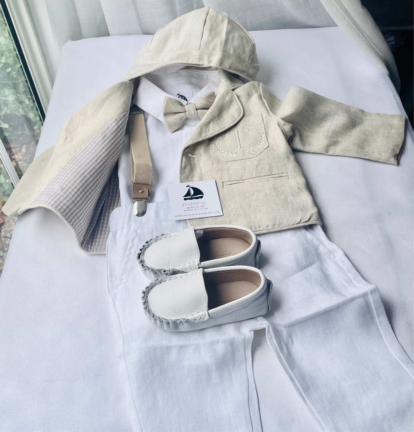 White and Beige Linen Set with optional Jacket Accessories and Embroidery Available