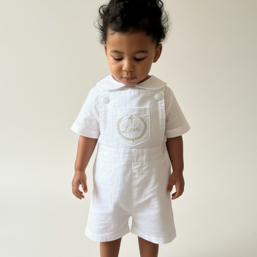 Boys white pure linen overalls suspender shorts with optional linen blouse and embroidery