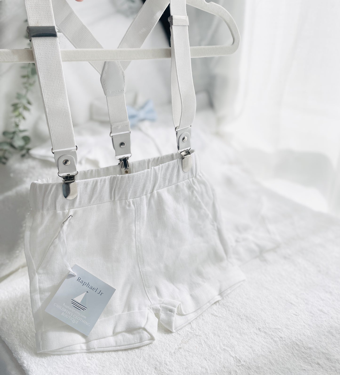 White linen summer baptism set with shirt shorts suspenders bow tie and optional jacket