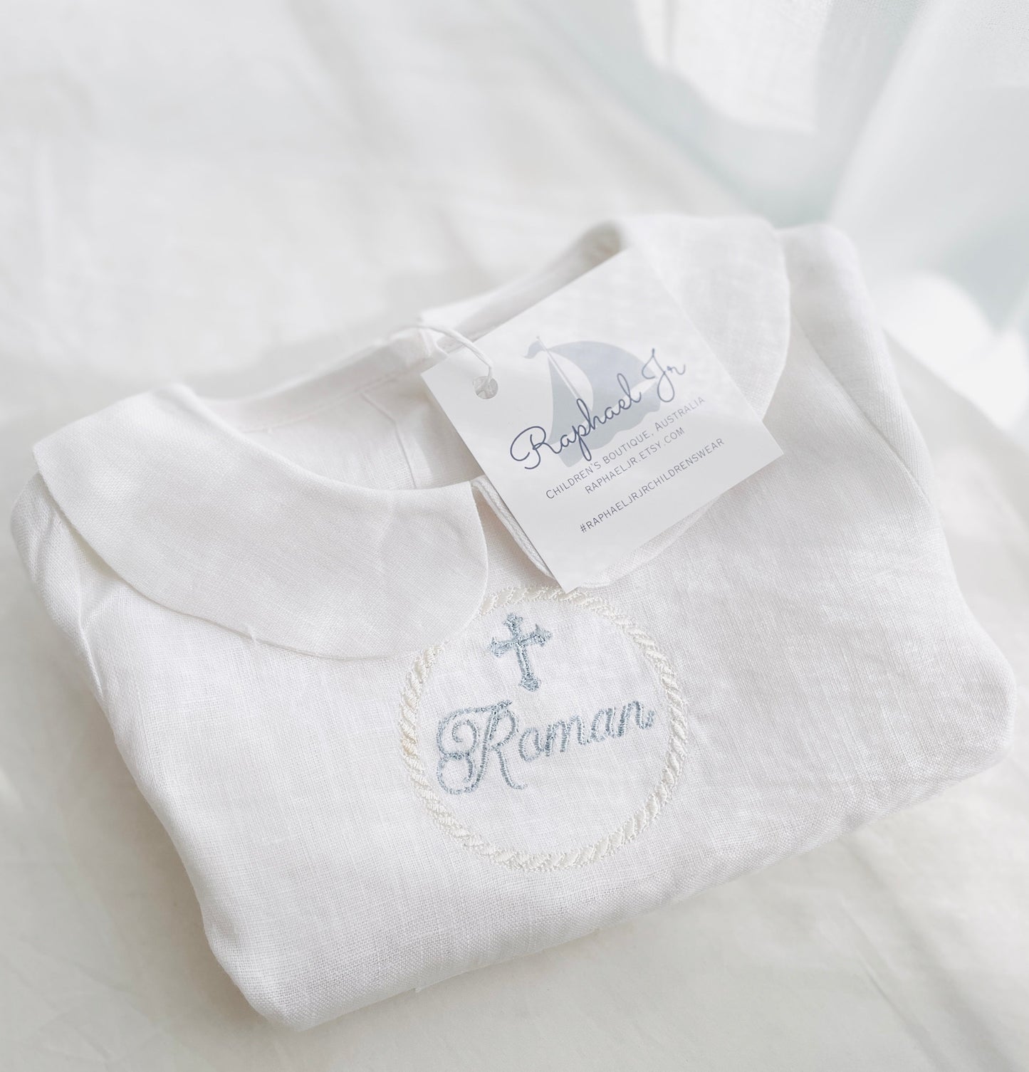 Linen Baptism romper short-all outfit with optional embroidery customisation