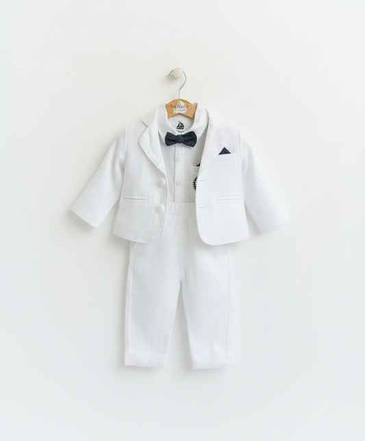 White linen Baptism suit set with pants, shirt, suspenders and bowtie plus optional jacket and extras