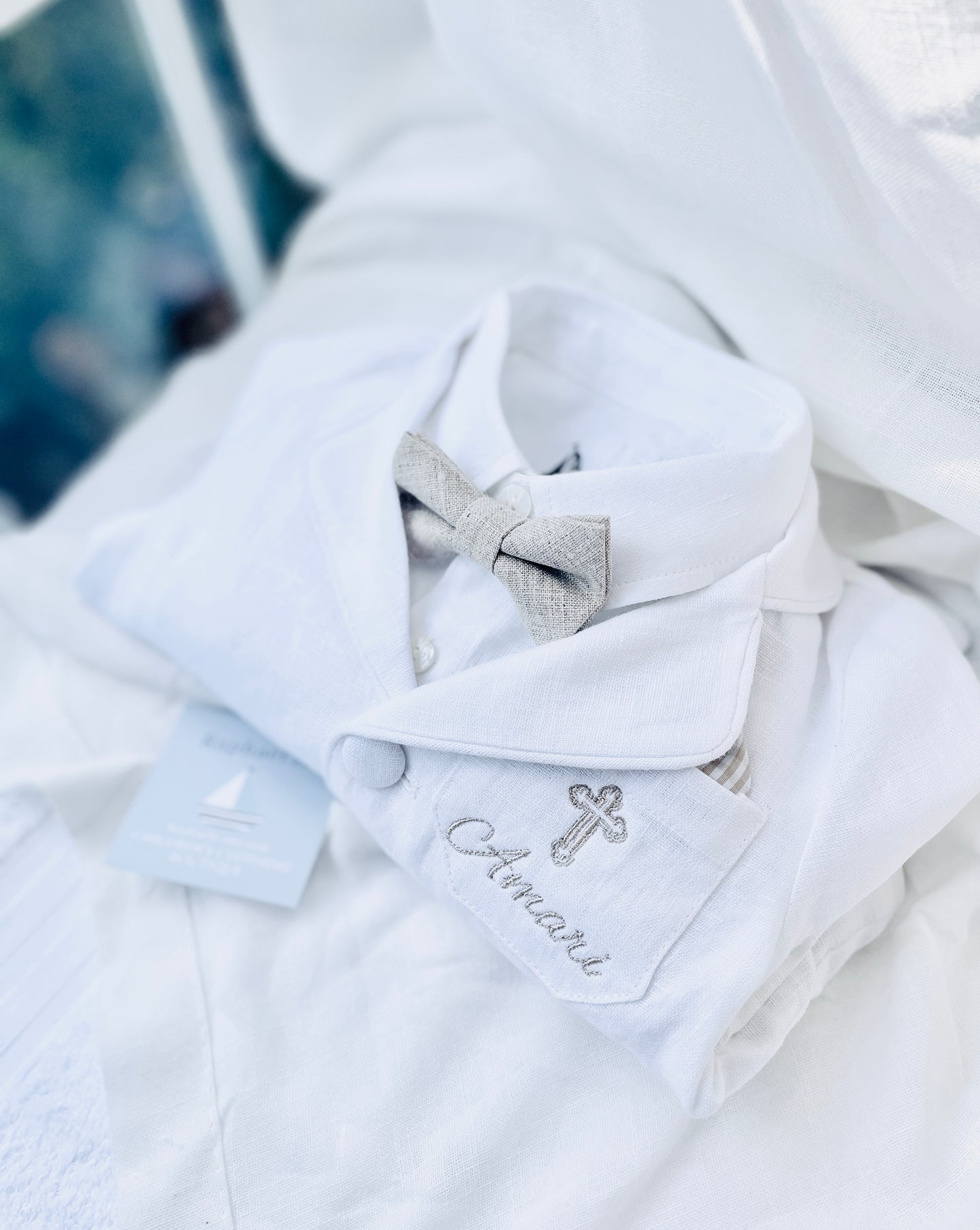 White linen Baptism suit set with pants, shirt, suspenders and bowtie plus optional extras