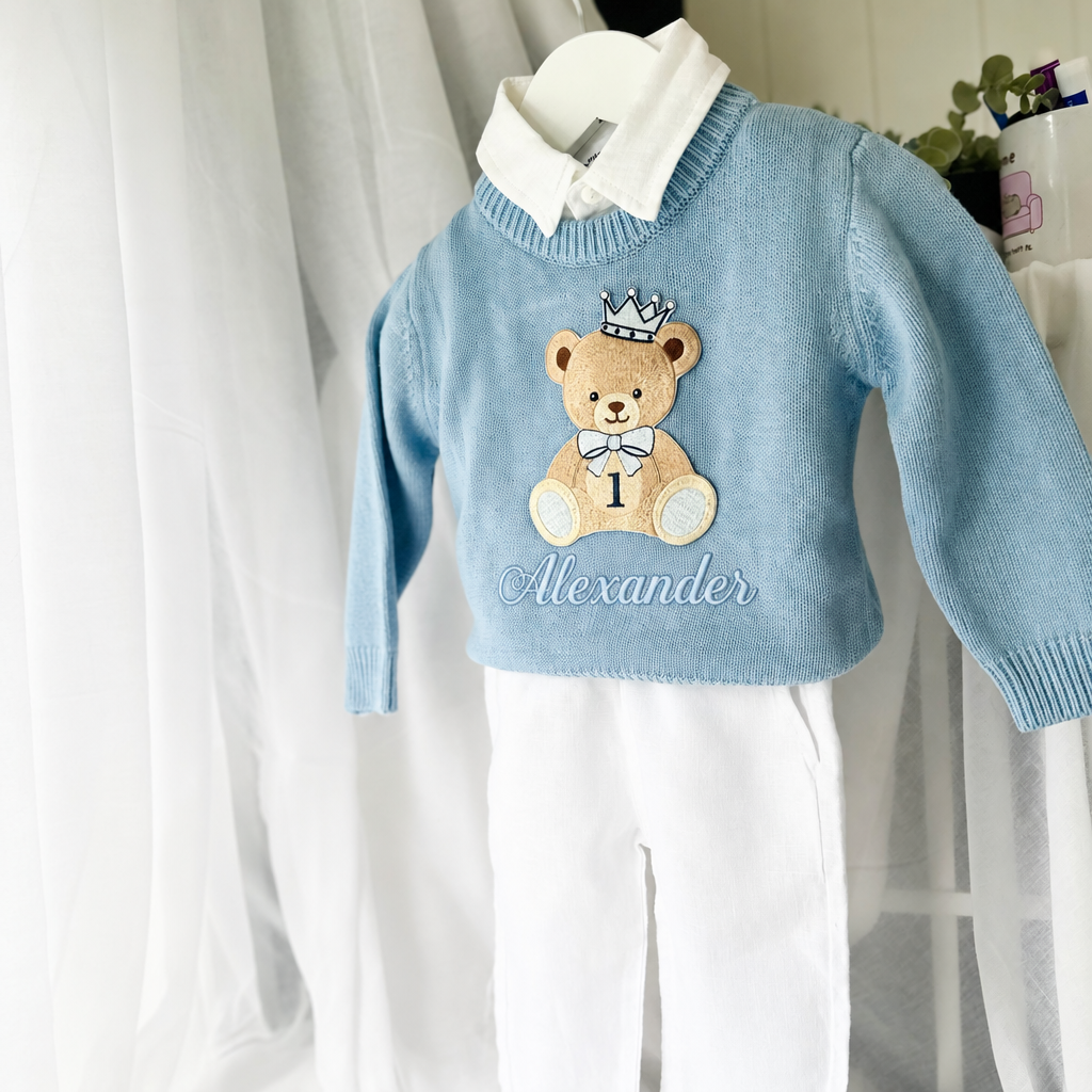 Pale blue teddy or hot air balloon jumper knit