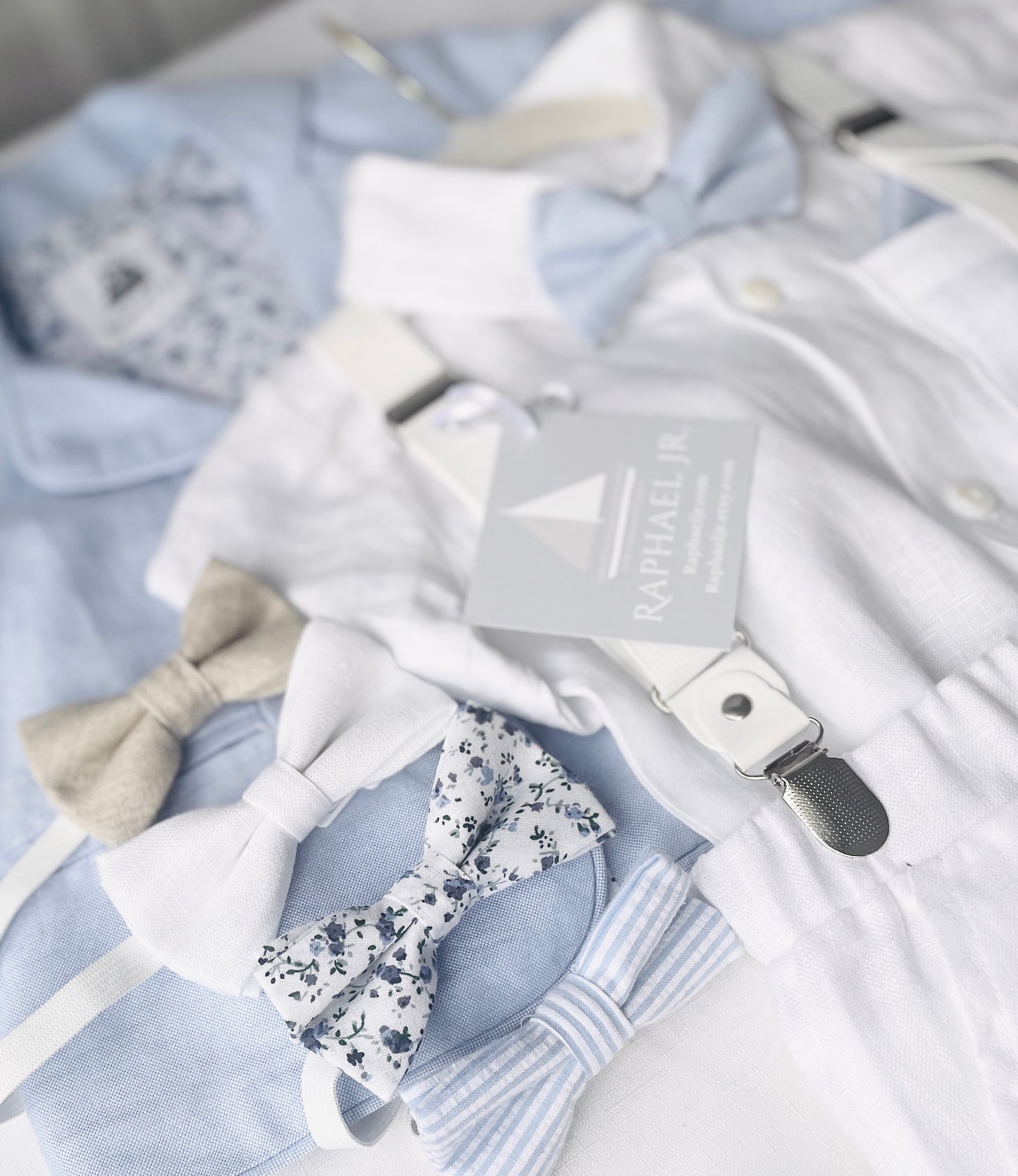 White and blue linen Baptism or Wedding Suit with Accessories and Embroidery Available