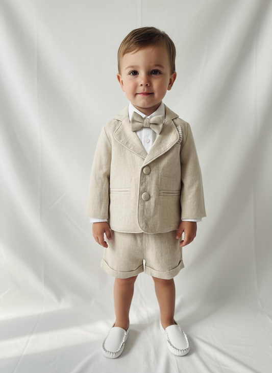 Beige Linen Shorts Shirt Suspenders and Vest set with Optional Cap Jacket and Embroidery