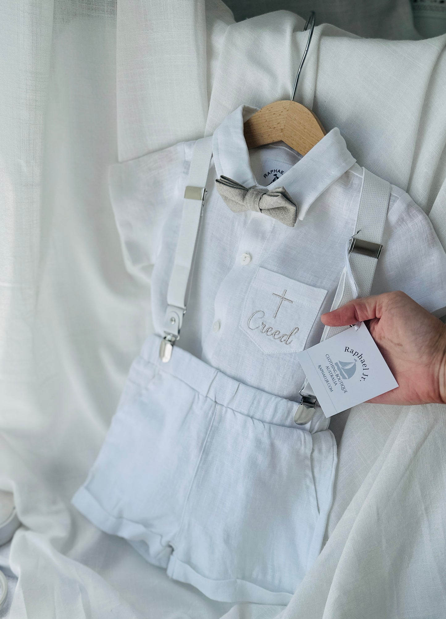 White linen summer Baptism set with shirt shorts suspenders bow tie and optional jacket