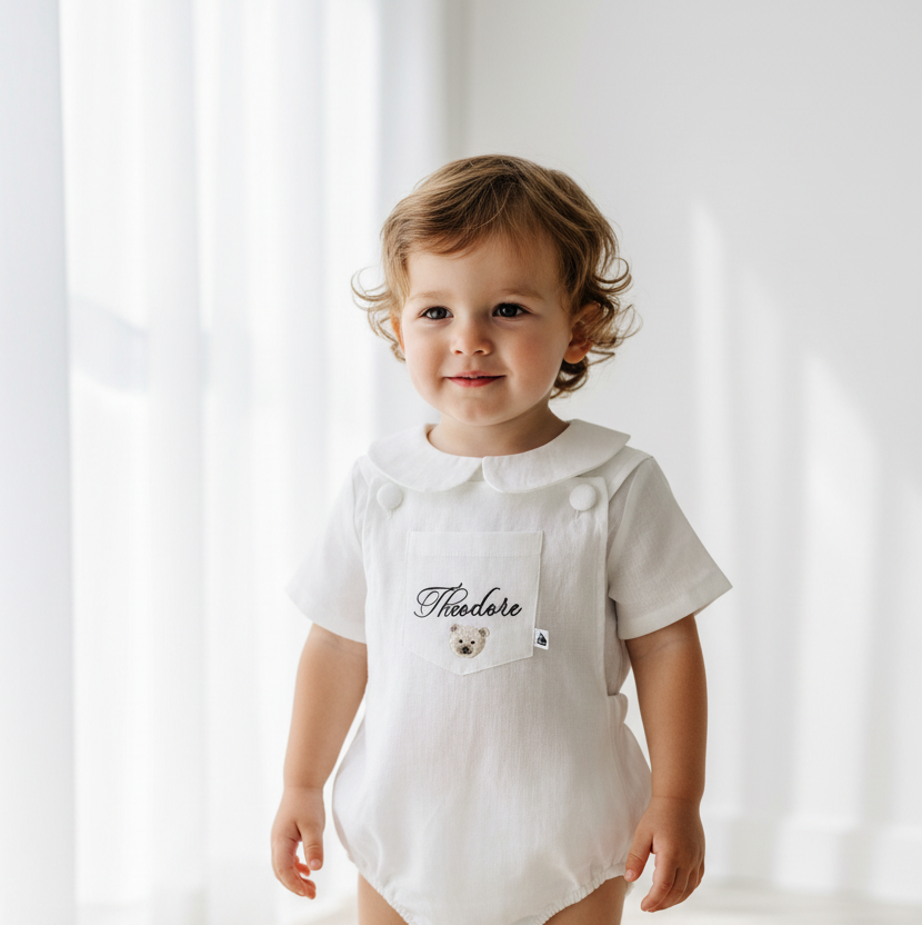 Baby white linen baptism romper overalls and blouse shirt set