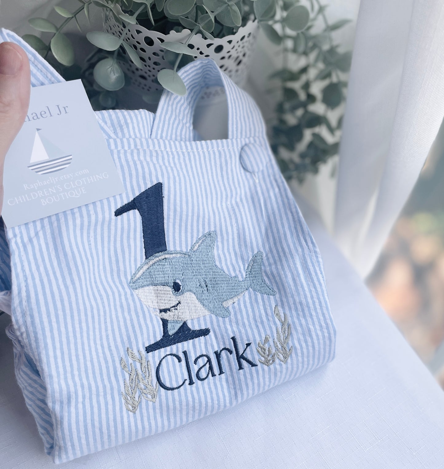 Boys Blue Seersucker Birthday romper overalls Peter Rabbit