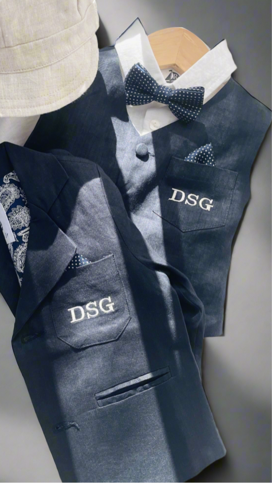 Navy blue linen suit with vest, pants, shirt, suspenders and bow tie plus optional jacket, embroidery, shoes and cap