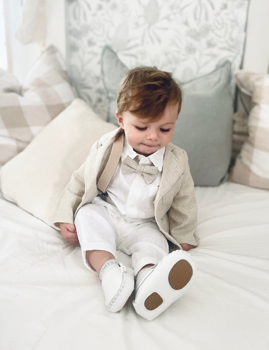 White and Beige Linen Set with optional Jacket Accessories and Embroidery Available