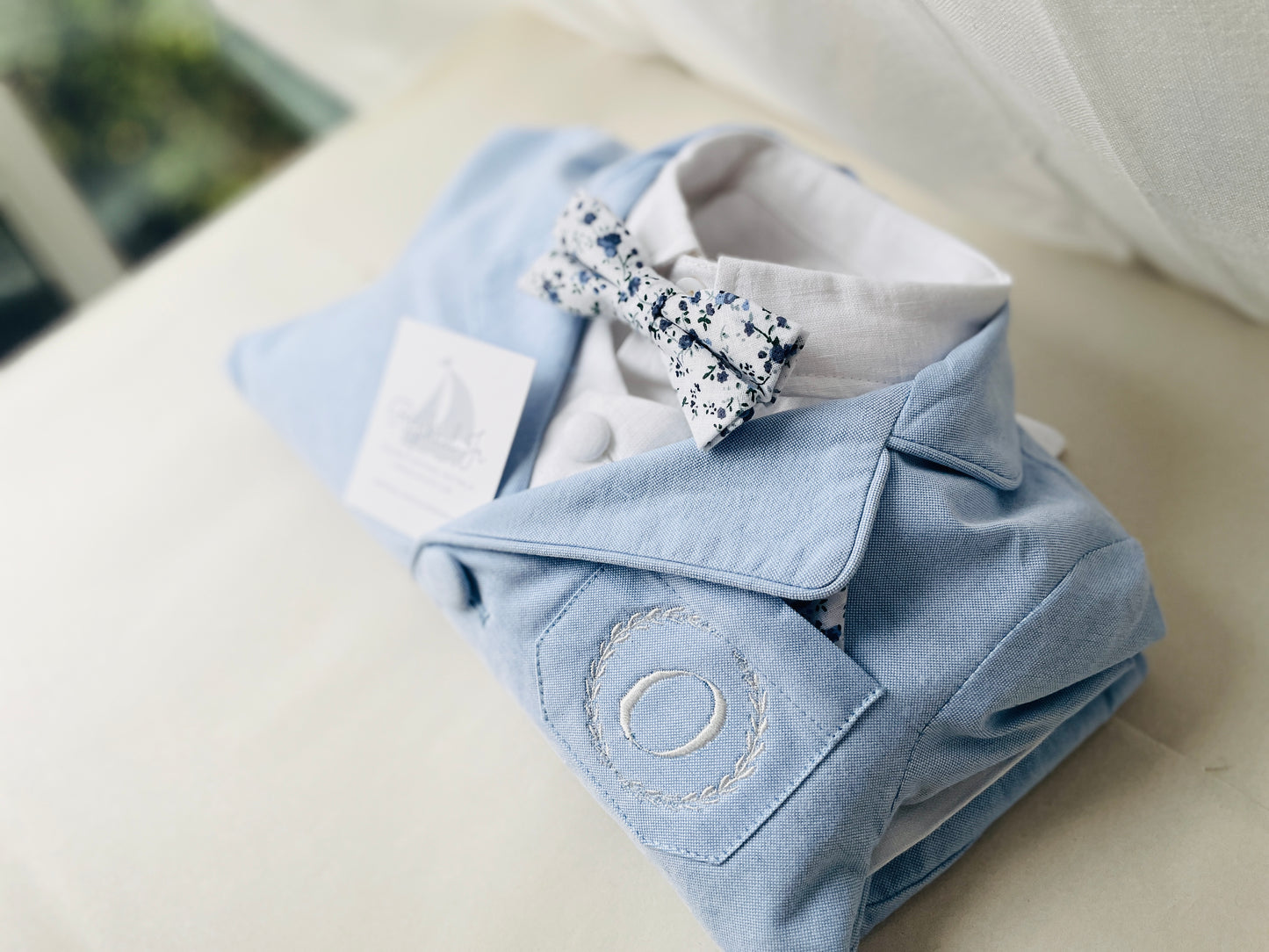 Baby and toddler boys pale blue chambray and and white linen full suit