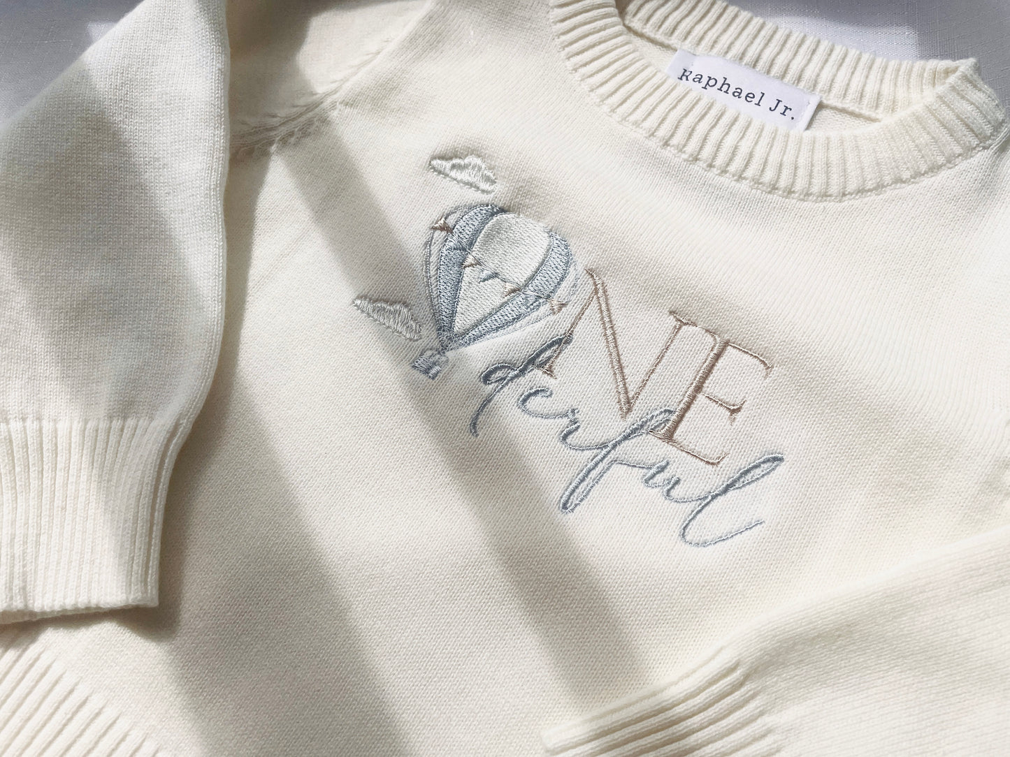 Birthday sweater embroidered hot air balloon theme