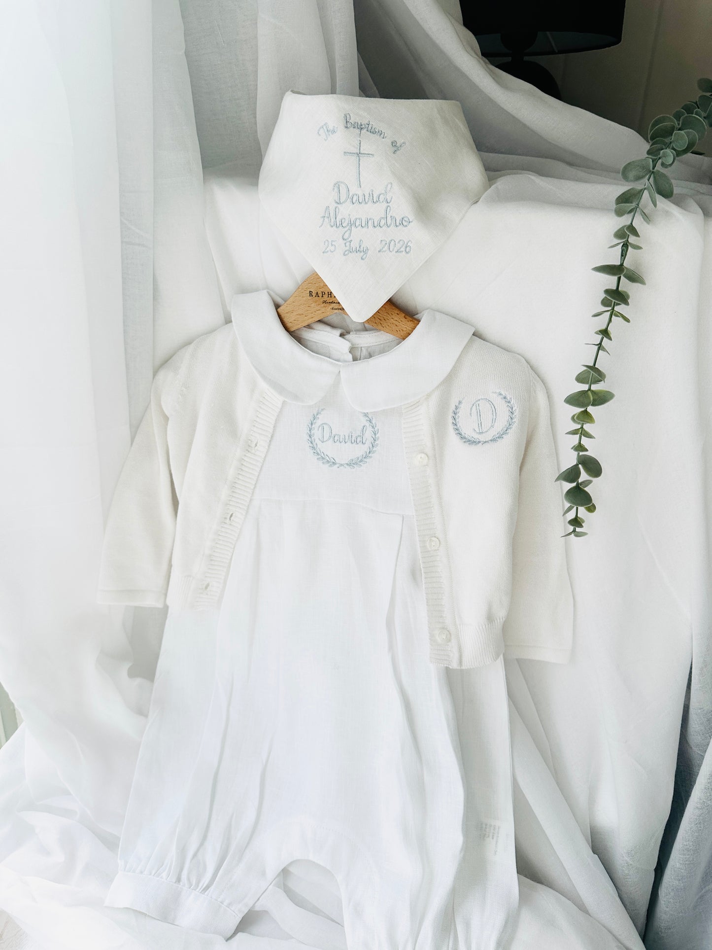 White linen Baptism Christening bib with optional embroidery