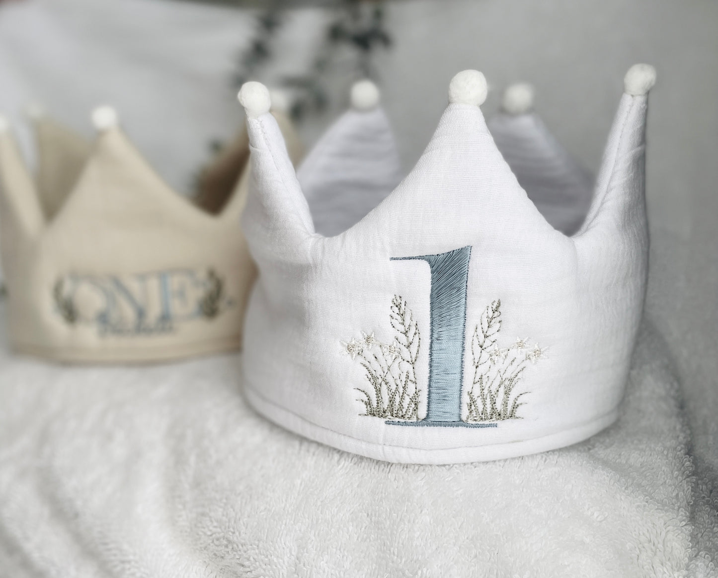 Beige or white Linen Birthday crown hat with embroidery