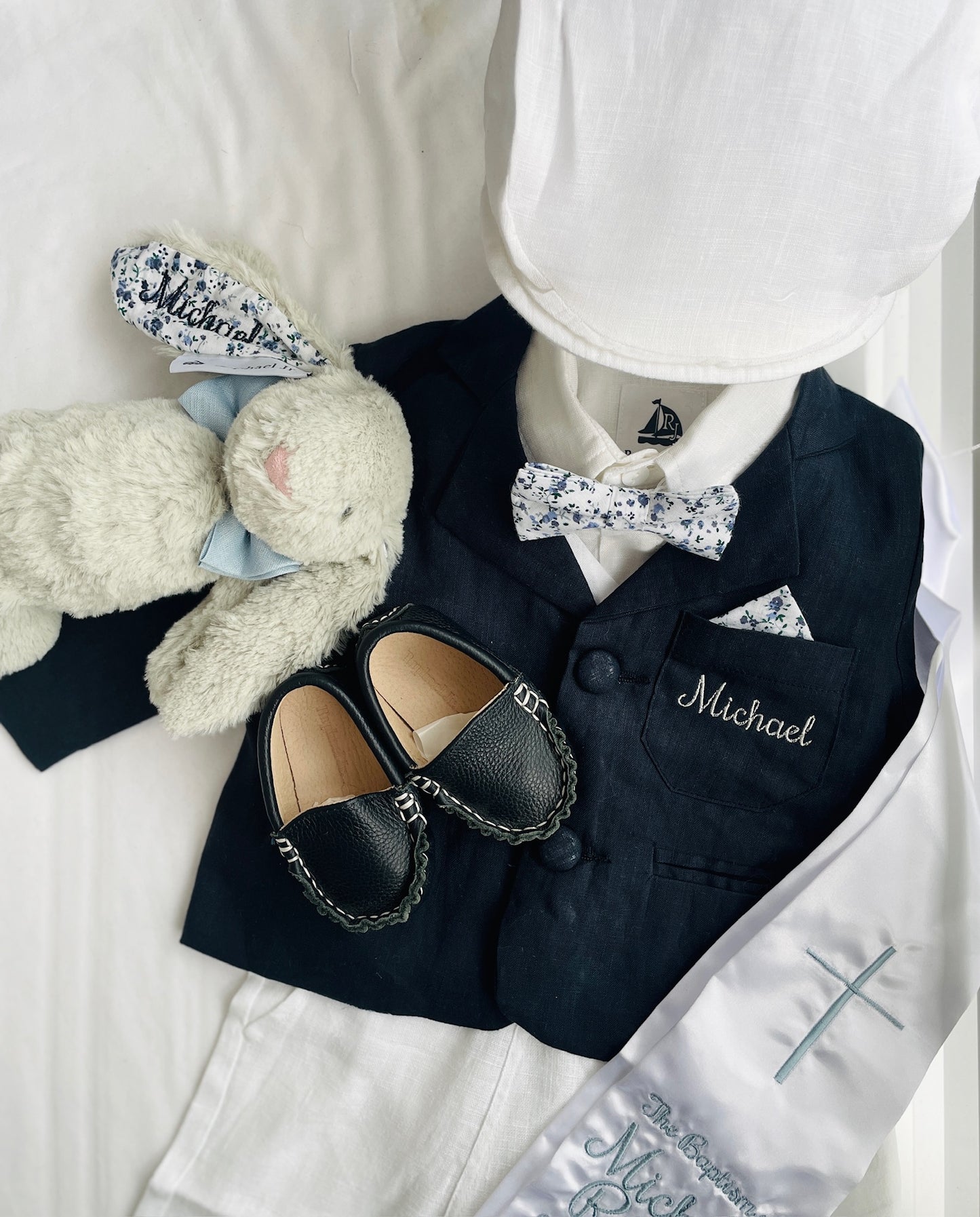 Navy blue and beige formal baptism or wedding suit with accessories and optional personalisation