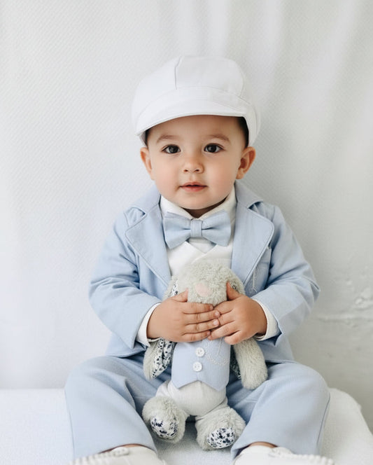 Baby and toddler boys pale blue chambray suit with blue vest, pants and jacket