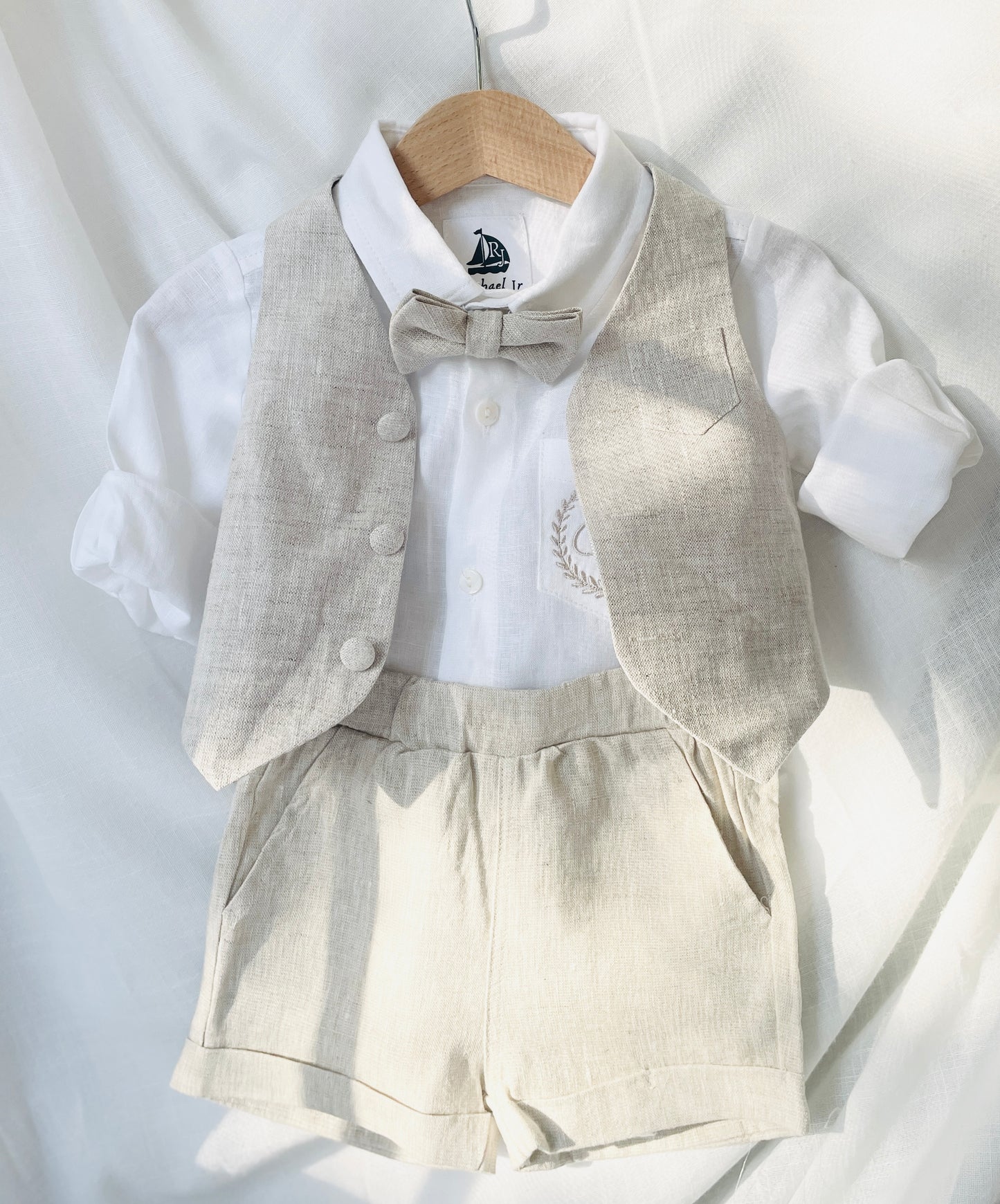 Beige Linen Shorts Shirt Suspenders and Vest set with Optional Cap Jacket and Embroidery