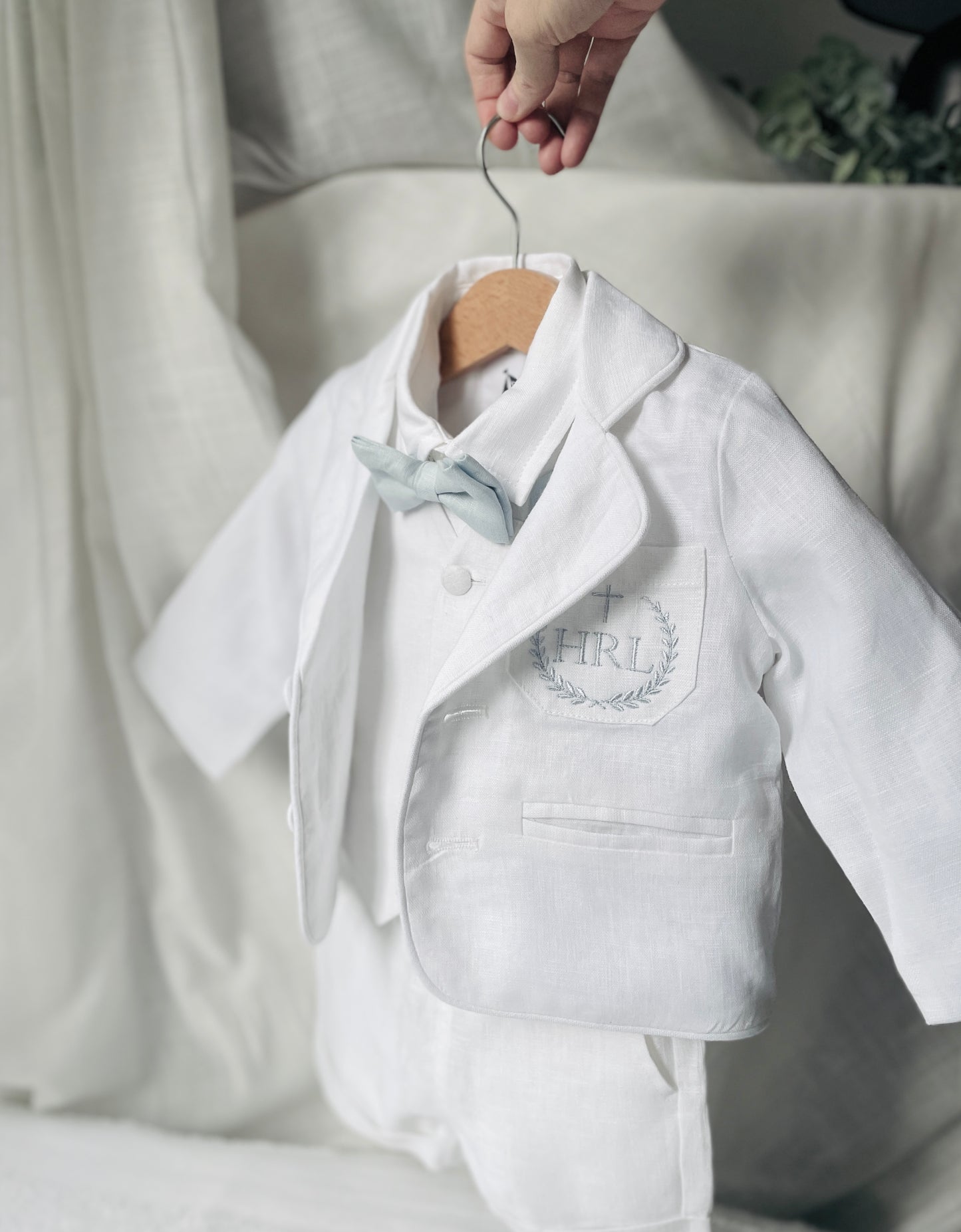 Baby and Toddler Boys white linen full length set with vest, shirt, pants, suspenders and bowtie