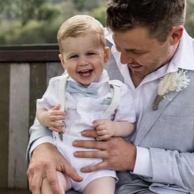 Boys white and blue linen summer baptism suit