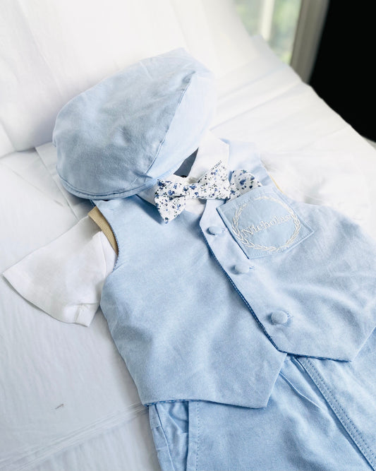 Baby and Toddler Boys pale blue and beige linen summer set with vest, shirt, shorts, suspenders and bowtie
