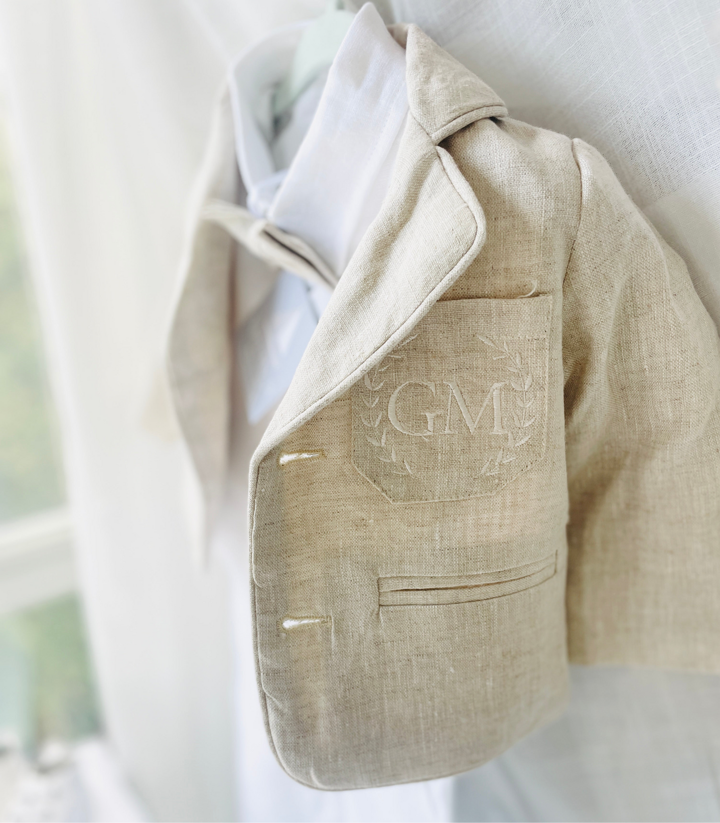 Baby and Toddler Boys white and beige linen set with vest, shirt, pants, suspenders and bowtie plus optional jacket, cap and shoes