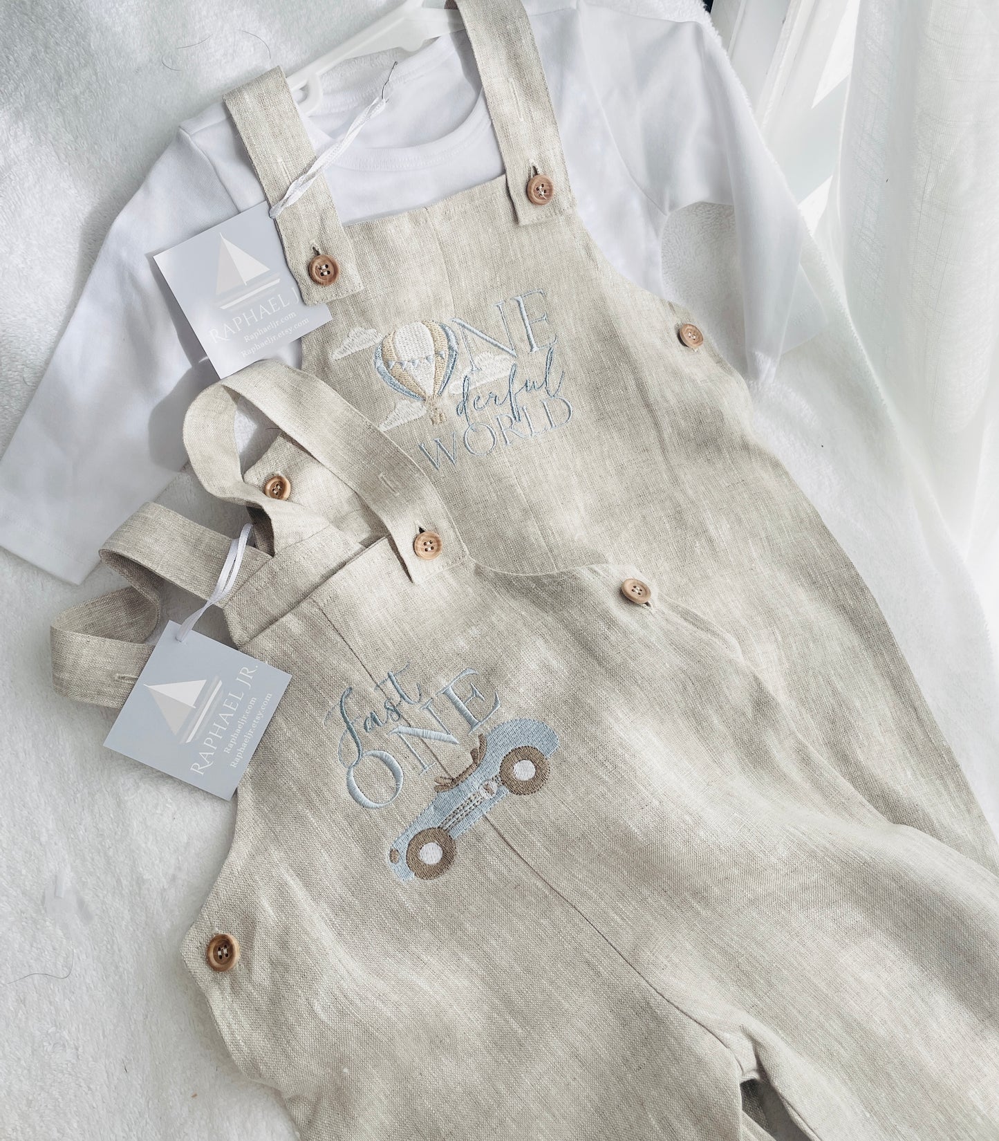 Boys Beige Linen Birthday overalls romper dungarees safari balloon fast car wild sea themes
