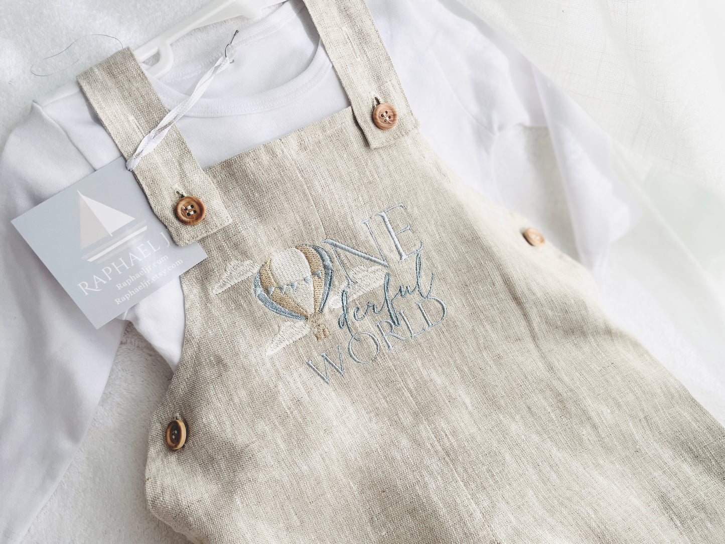 Boys Beige Linen Birthday overalls romper dungarees safari balloon fast car wild sea themes