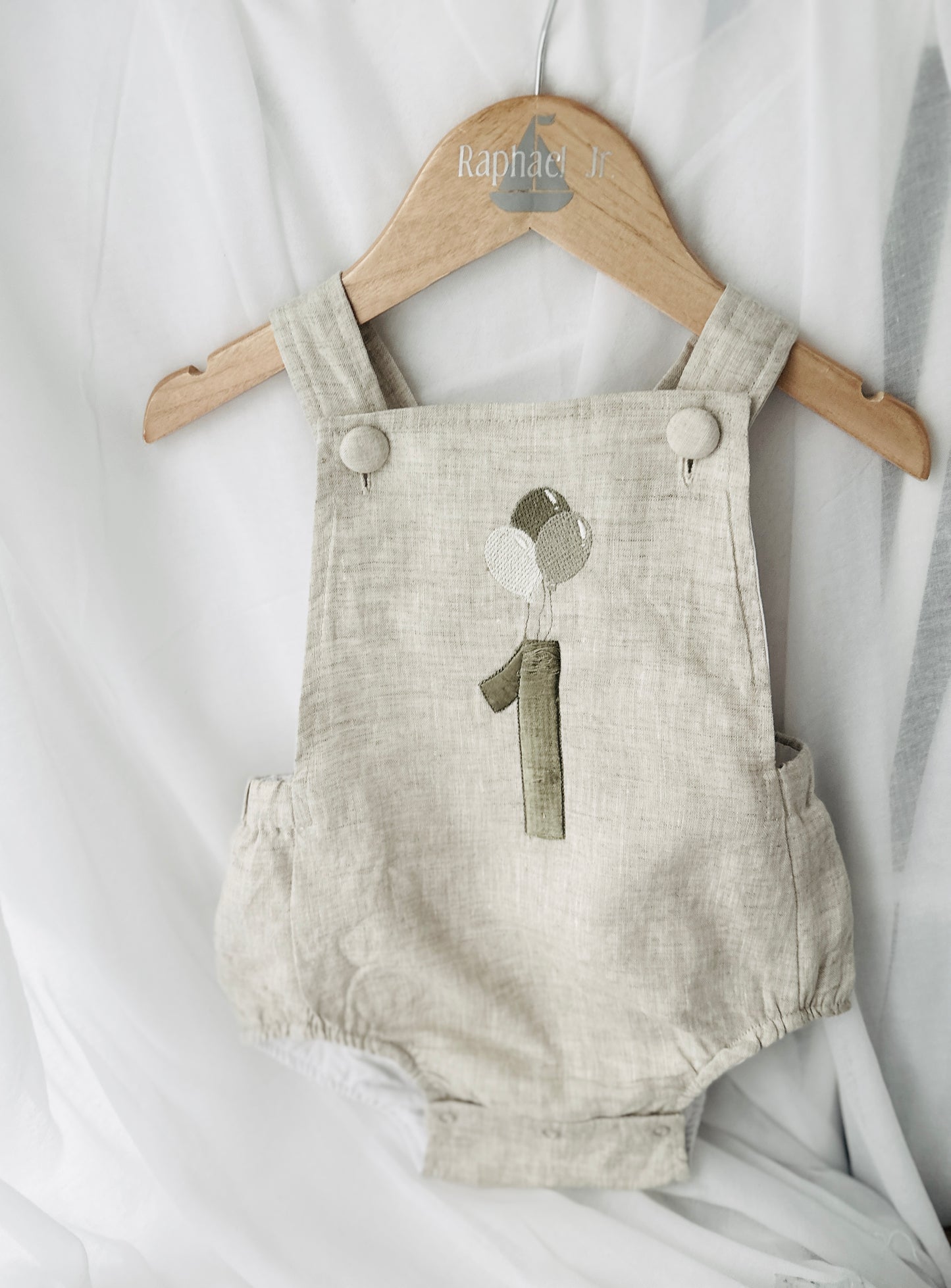 Boys Beige Linen First Birthday romper Pooh Bear and other designs