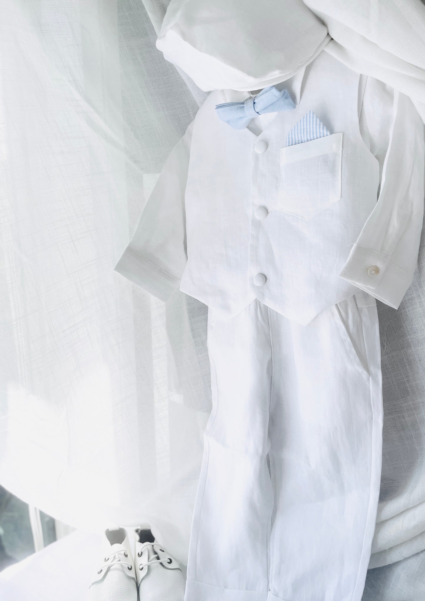 Baby and Toddler Boys white linen full length set with vest, shirt, pants, suspenders and bowtie