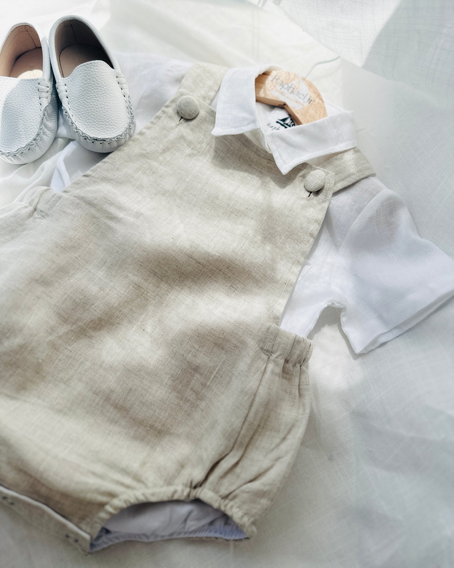 Baby and Toddler boys beige and white linen baptism romper and shirt set