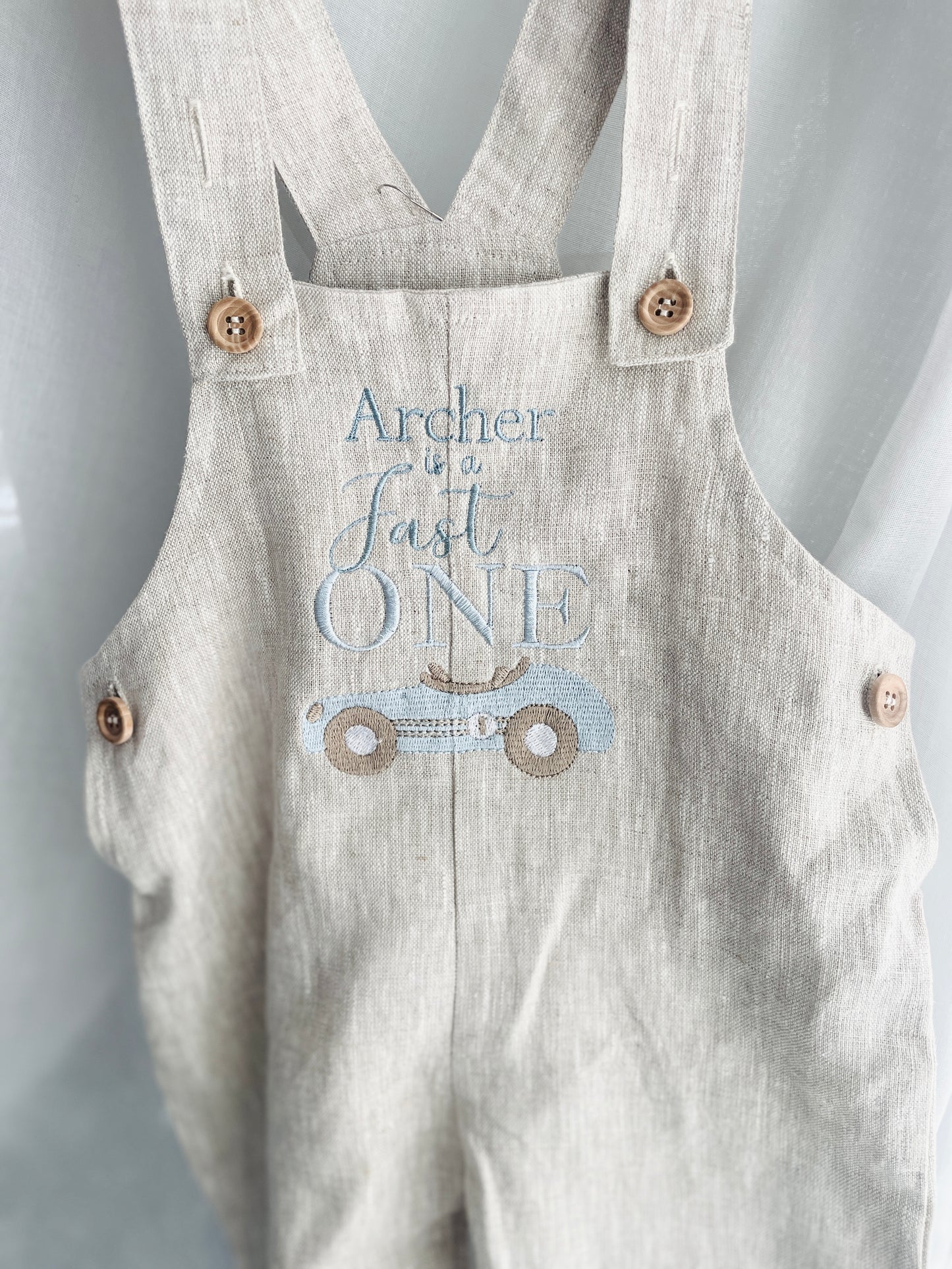Boys Beige Linen Birthday overalls romper dungarees safari balloon fast car wild sea themes